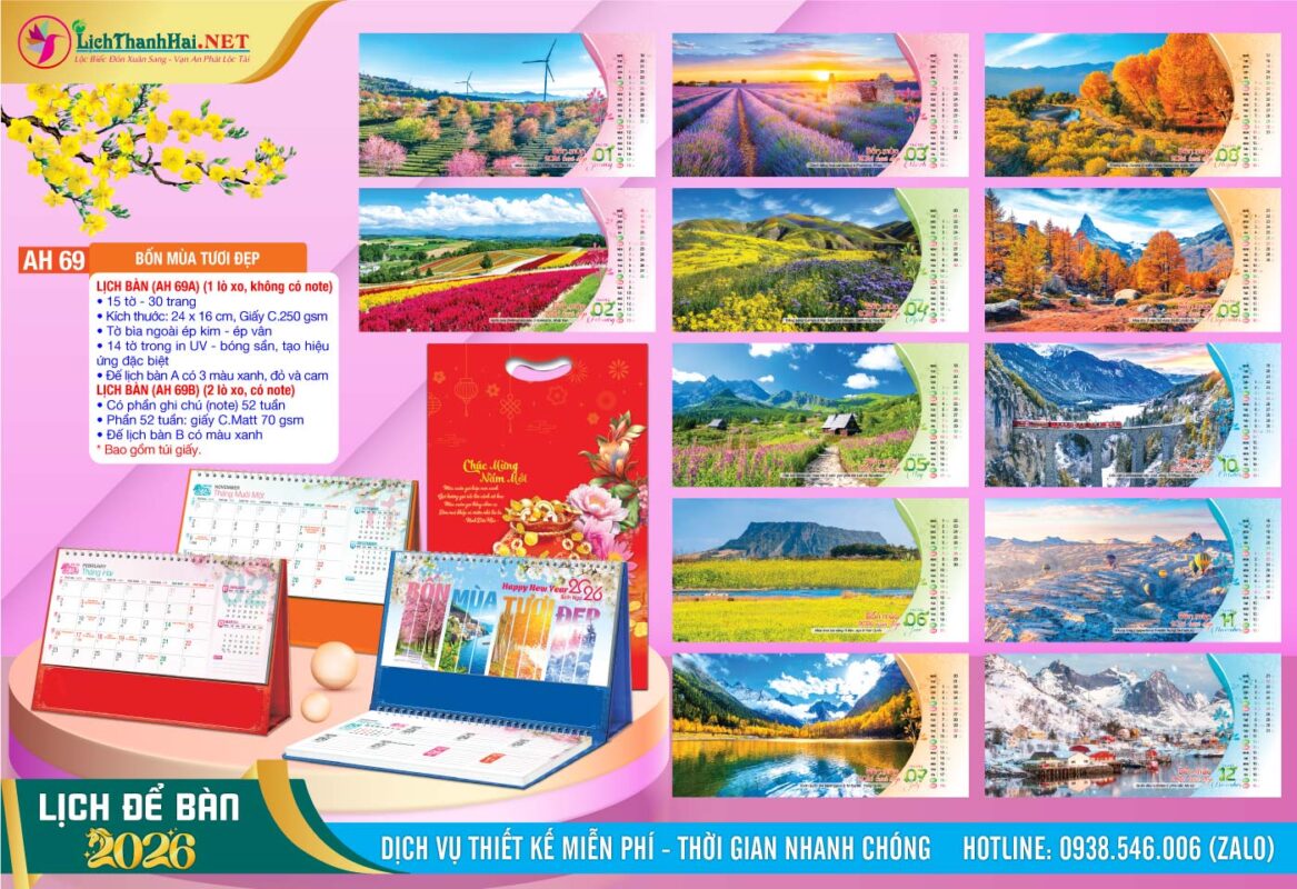 Lịch Để Bàn An Hảo 2027 - Nét Đẹp Bàn Làm Việc 50 Lịch Để Bàn A & M (24x16cm) | Mã Số: AH69 - Bốn Mùa Tươi Đẹp