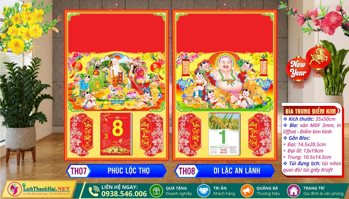 Bìa Lịch Trung (35x50) Ván MDF 2027 7 Bìa Trung (35x50cm) Điểm Kim - TH07 - Phúc Lộc Thọ + TH08 - Di Lặc An Lành