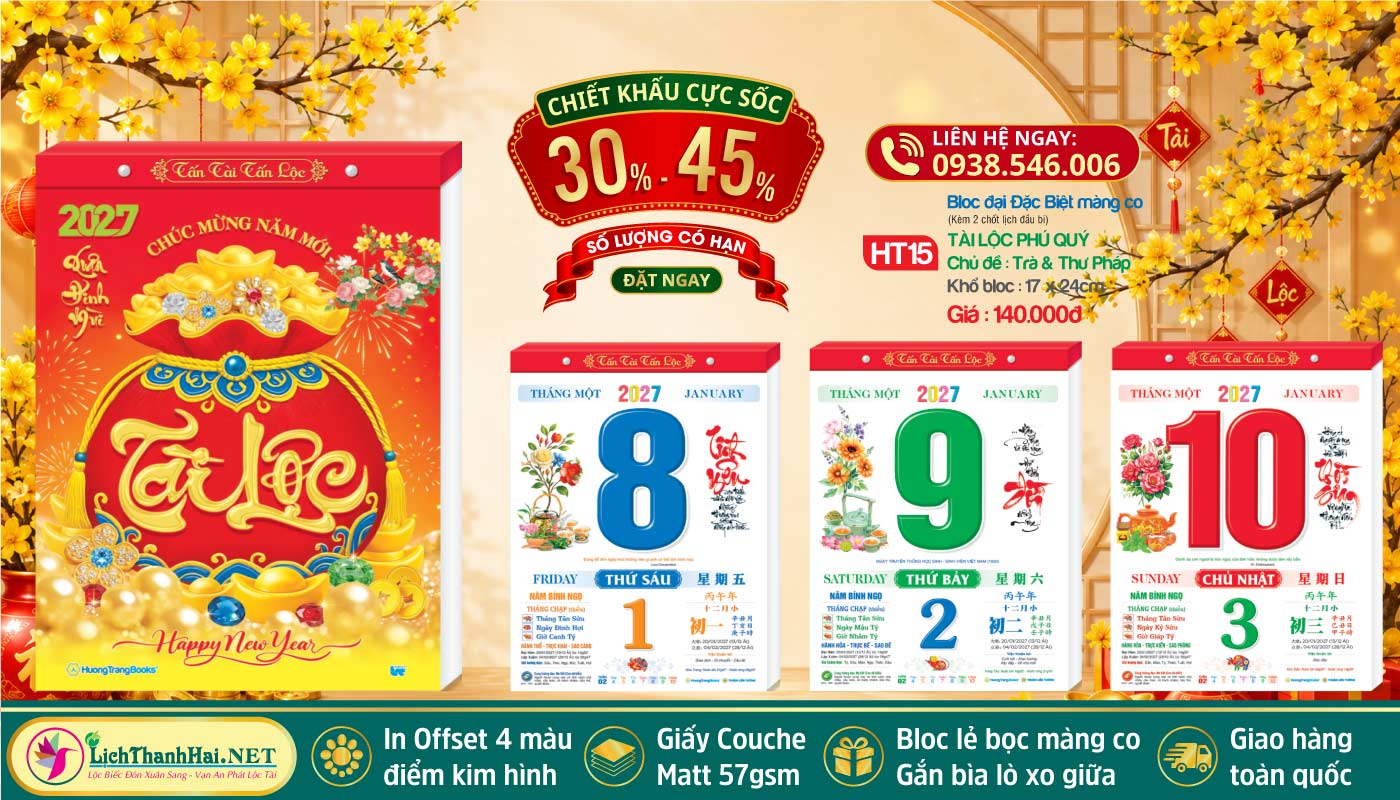 Lịch Bloc Lẻ Khổ Lớn, Bloc Siêu Đại Gắn Bìa, Lịch Bloc Siêu Đại Lẻ 2027 59 Bloc Đại Đặc Biệt (17x24cm) | Mã Số: HT15 - Tài Lộc Phú Quý (Bloc Lẻ)