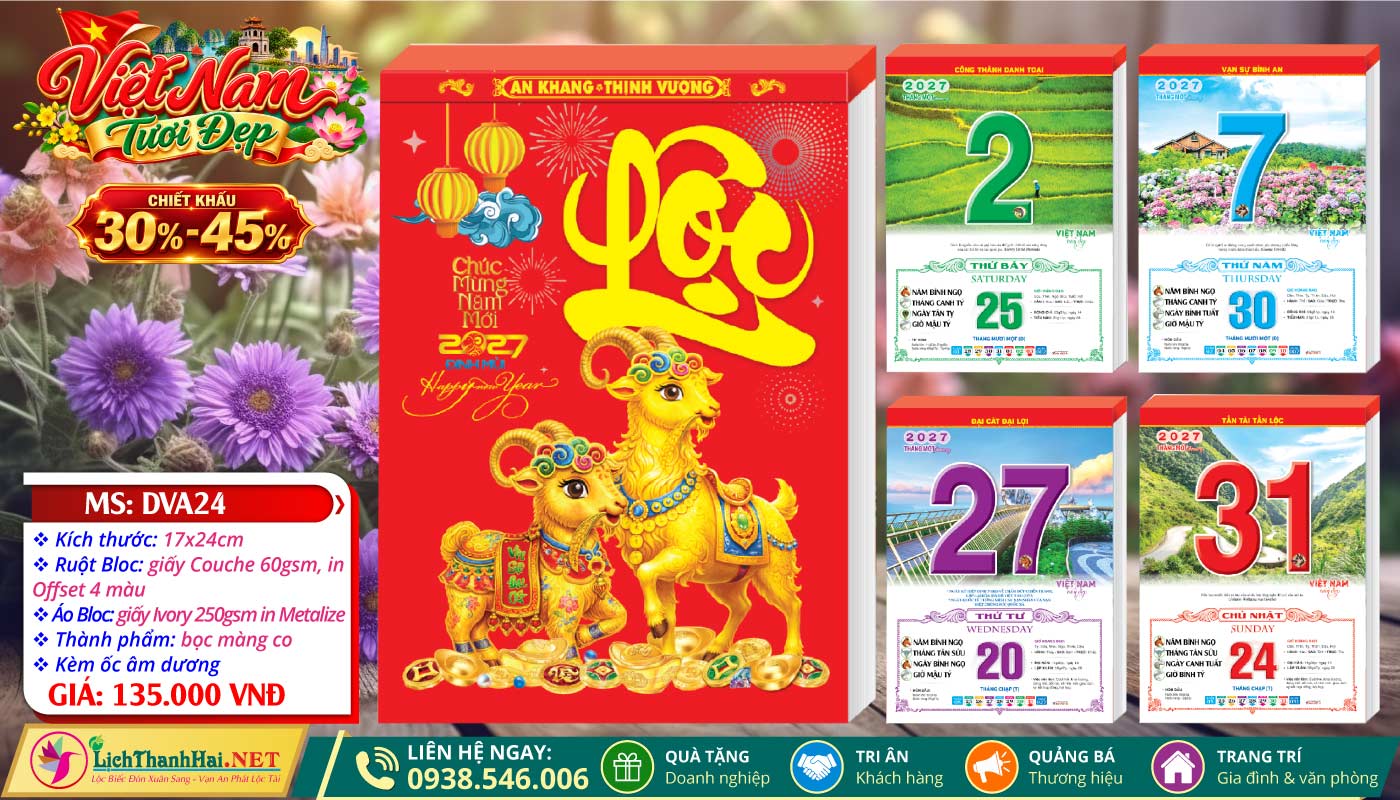 Lịch Bloc Lẻ Khổ Lớn, Bloc Siêu Đại Gắn Bìa, Lịch Bloc Siêu Đại Lẻ 2027 57 Bloc Rời (17x24cm) | Mã Số: DVA24 - Việt Nam Tươi Đẹp