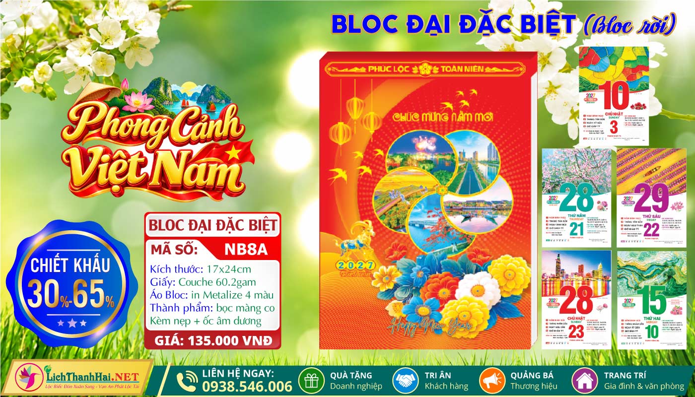 Lịch Bloc Lẻ Khổ Lớn, Bloc Siêu Đại Gắn Bìa, Lịch Bloc Siêu Đại Lẻ 2027 60 Bloc Rời (17x24cm) | Mã Số: NB8A - Phong Cảnh Việt Nam