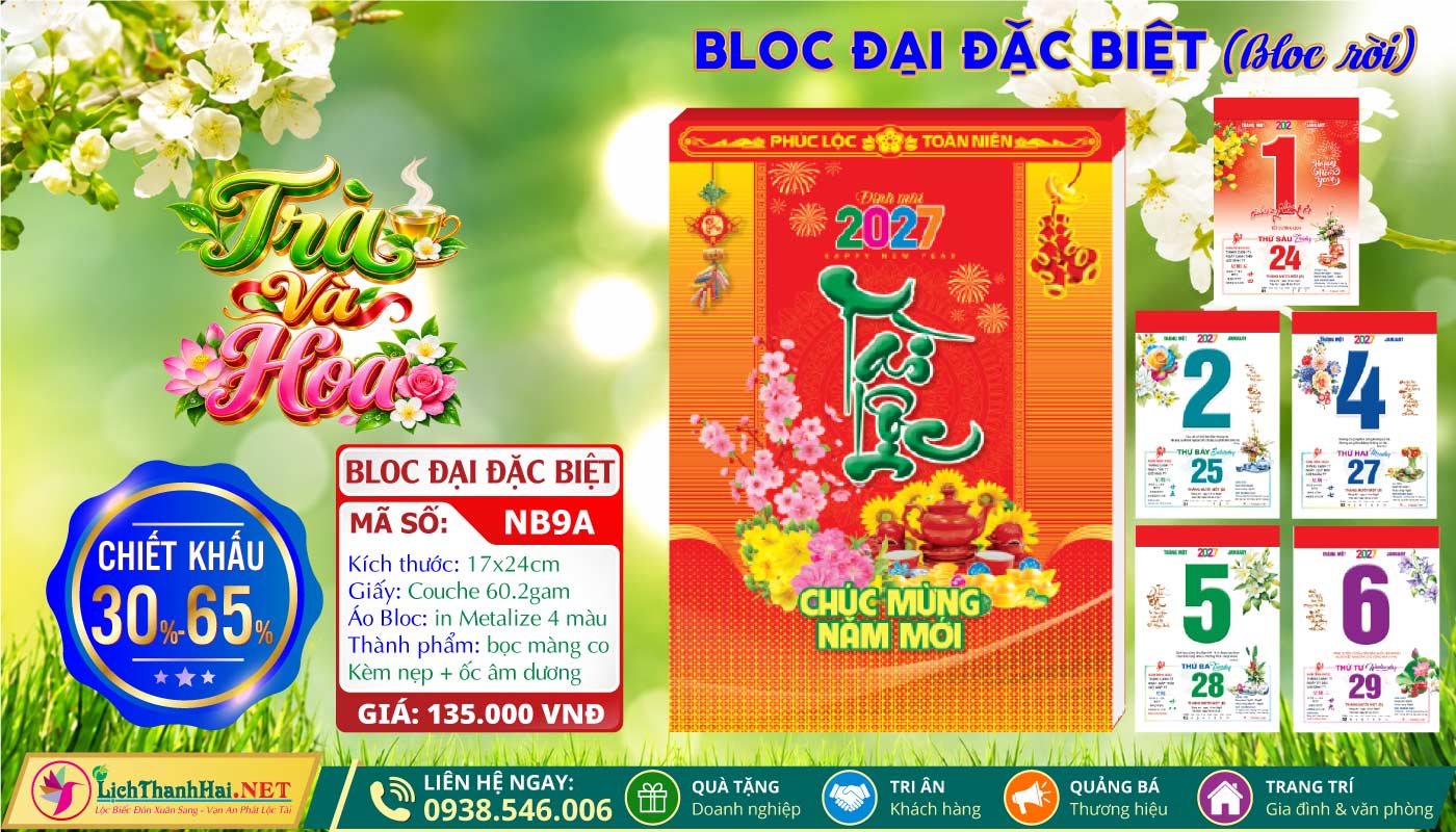 Lịch Bloc Lẻ Khổ Lớn, Bloc Siêu Đại Gắn Bìa, Lịch Bloc Siêu Đại Lẻ 2027 61 Bloc Rời (17x24cm) | Mã Số: NB9A - Trà Và Hoa
