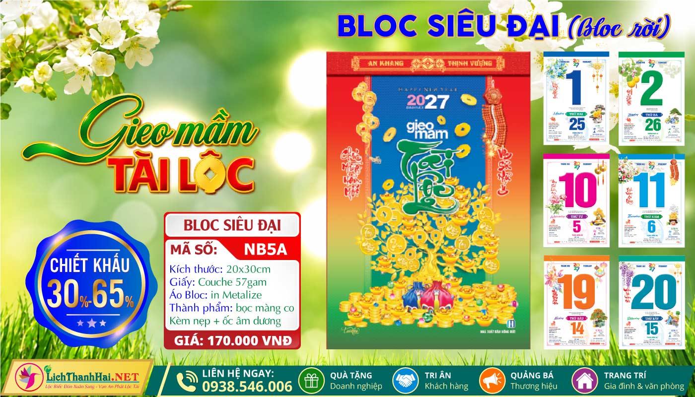 Lịch Bloc Lẻ Khổ Lớn, Bloc Siêu Đại Gắn Bìa, Lịch Bloc Siêu Đại Lẻ 2027 52 Bloc Rời (20x30cm) | Mã Số: NB5A - Gieo Mầm Tài Lộc