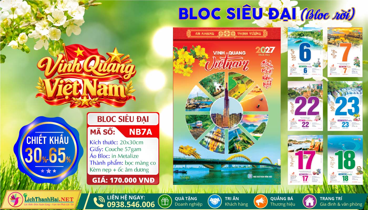 Lịch Bloc Lẻ Khổ Lớn, Bloc Siêu Đại Gắn Bìa, Lịch Bloc Siêu Đại Lẻ 2027 54 Bloc Rời (20x30cm) | Mã Số: NB7A - Vinh Quang Việt Nam
