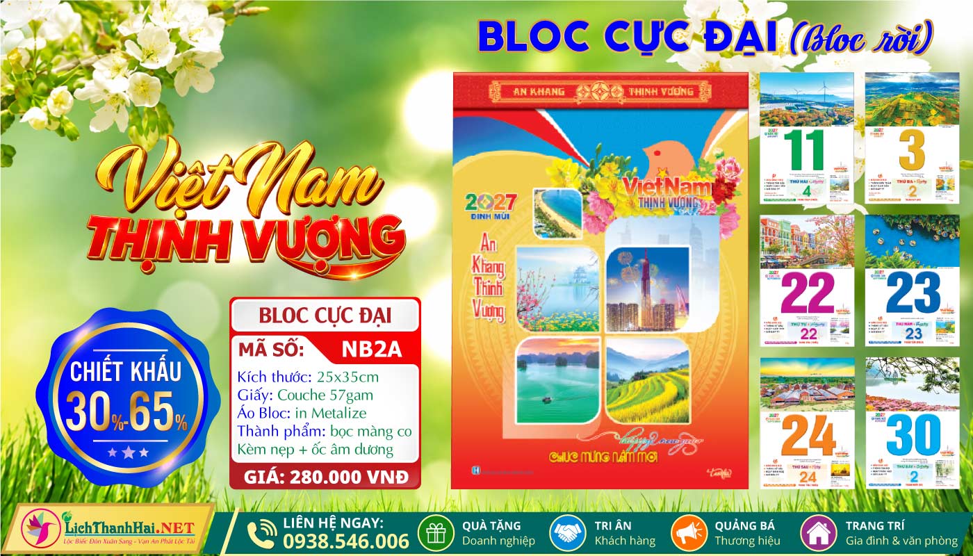 Lịch Bloc Lẻ Khổ Lớn, Bloc Siêu Đại Gắn Bìa, Lịch Bloc Siêu Đại Lẻ 2027 41 Bloc Rời (25x35cm) | Mã Số: NB2A - Việt Nam Thịnh Vượng