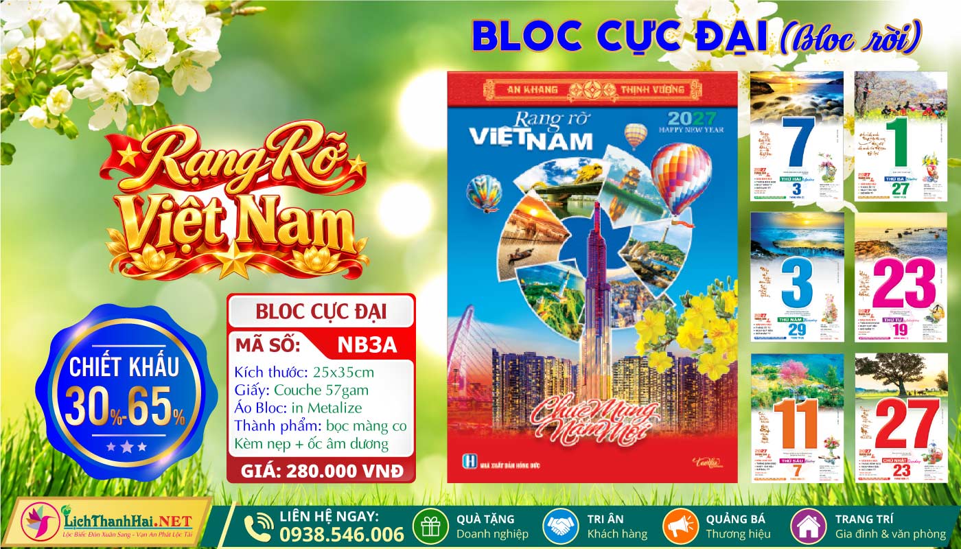 Lịch Bloc Lẻ Khổ Lớn, Bloc Siêu Đại Gắn Bìa, Lịch Bloc Siêu Đại Lẻ 2027 42 Bloc Rời (25x35cm) | Mã Số: NB3A - Rạng Rỡ Việt Nam
