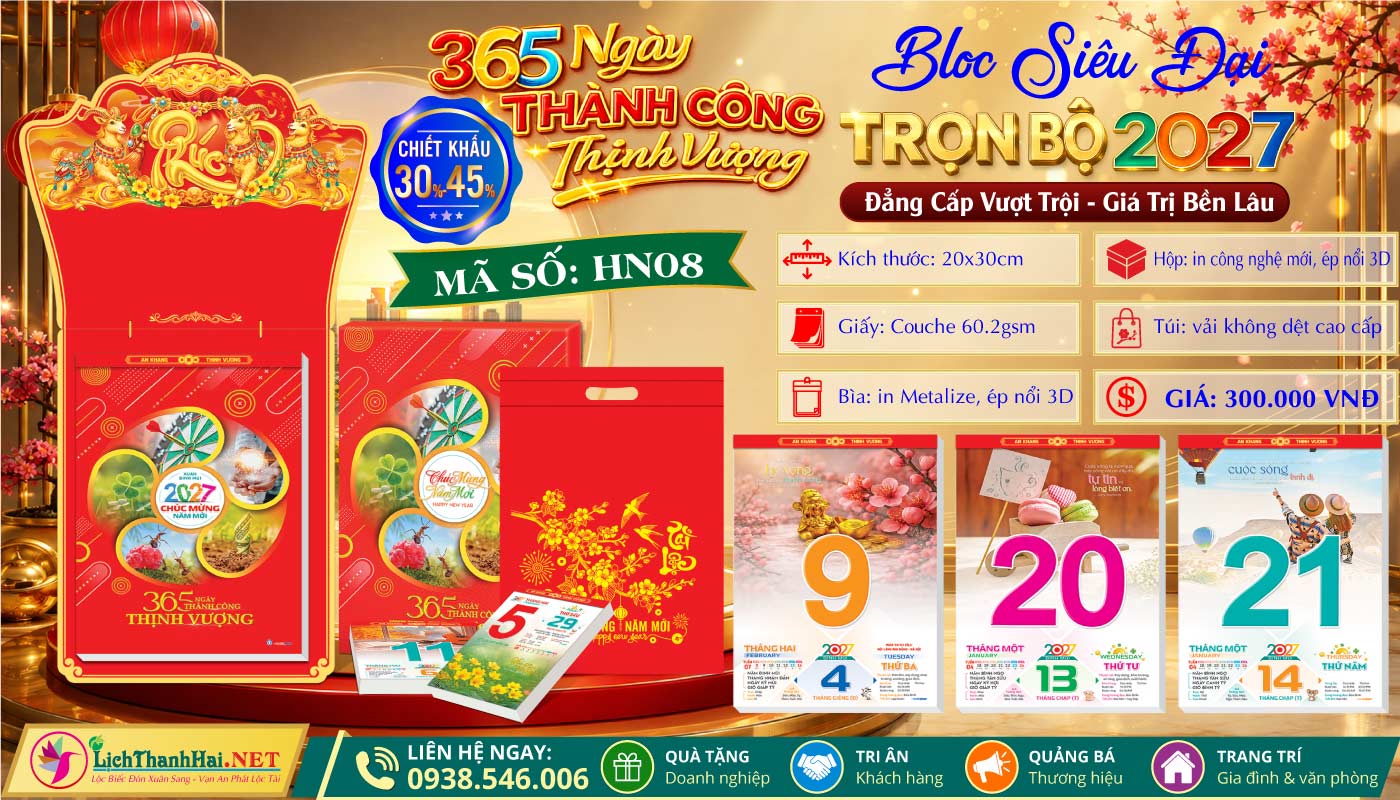 Lịch Bloc Siêu Đại (20x30) Trọn bộ 2027 33 Bloc Siêu Đại - Mã Số: HN08 - 365 Ngày Thành Công Thịnh Vượng