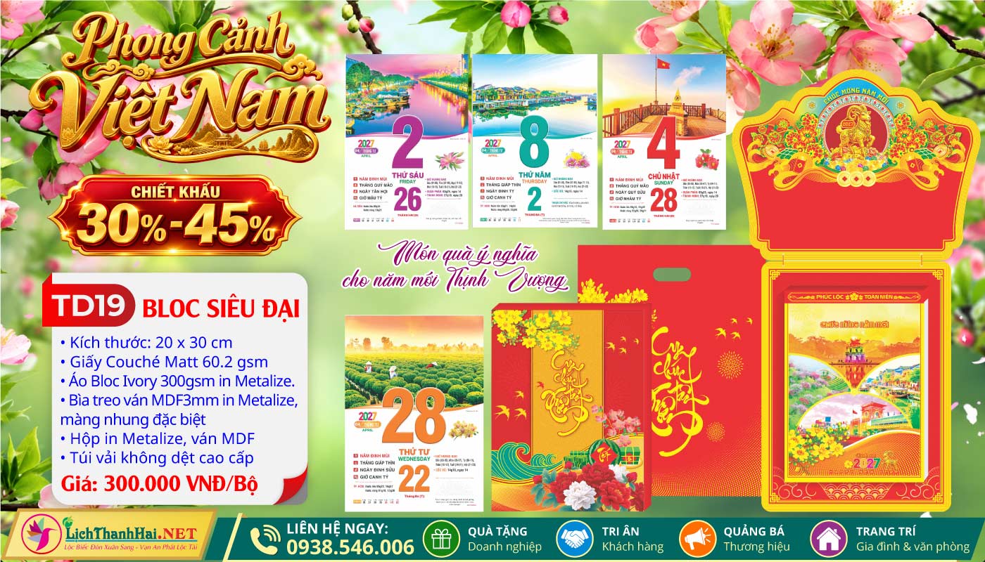 Lịch Bloc Siêu Đại (20x30) Trọn bộ 2027 41 Bloc Siêu Đại (20x30cm) | Mã Số: TD19 - Phong Cảnh Việt Nam (Đầu Treo Dê Vàng)