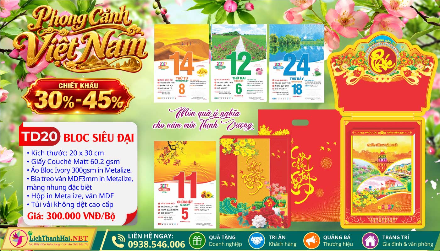 Lịch Bloc Siêu Đại (20x30) Trọn bộ 2027 42 Bloc Siêu Đại (20x30cm) | Mã Số: TD20 - Phong Cảnh Việt Nam (Đầu Treo Chữ Phúc)