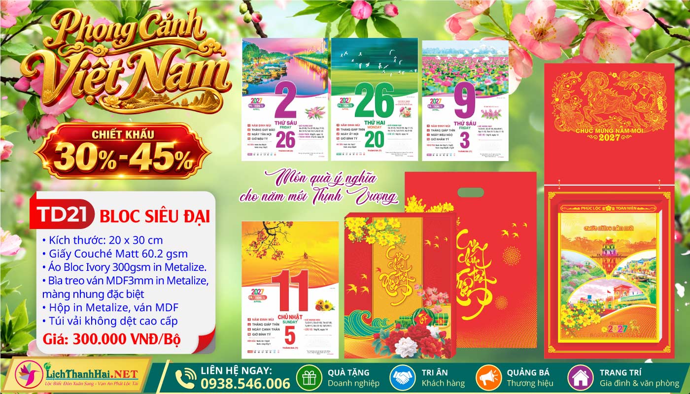 Lịch Bloc Siêu Đại (20x30) Trọn bộ 2027 43 Bloc Siêu Đại (20x30cm) | Mã Số: TD21 - Phong Cảnh Việt Nam (Đầu Treo Đinh Mùi Cát Tường)
