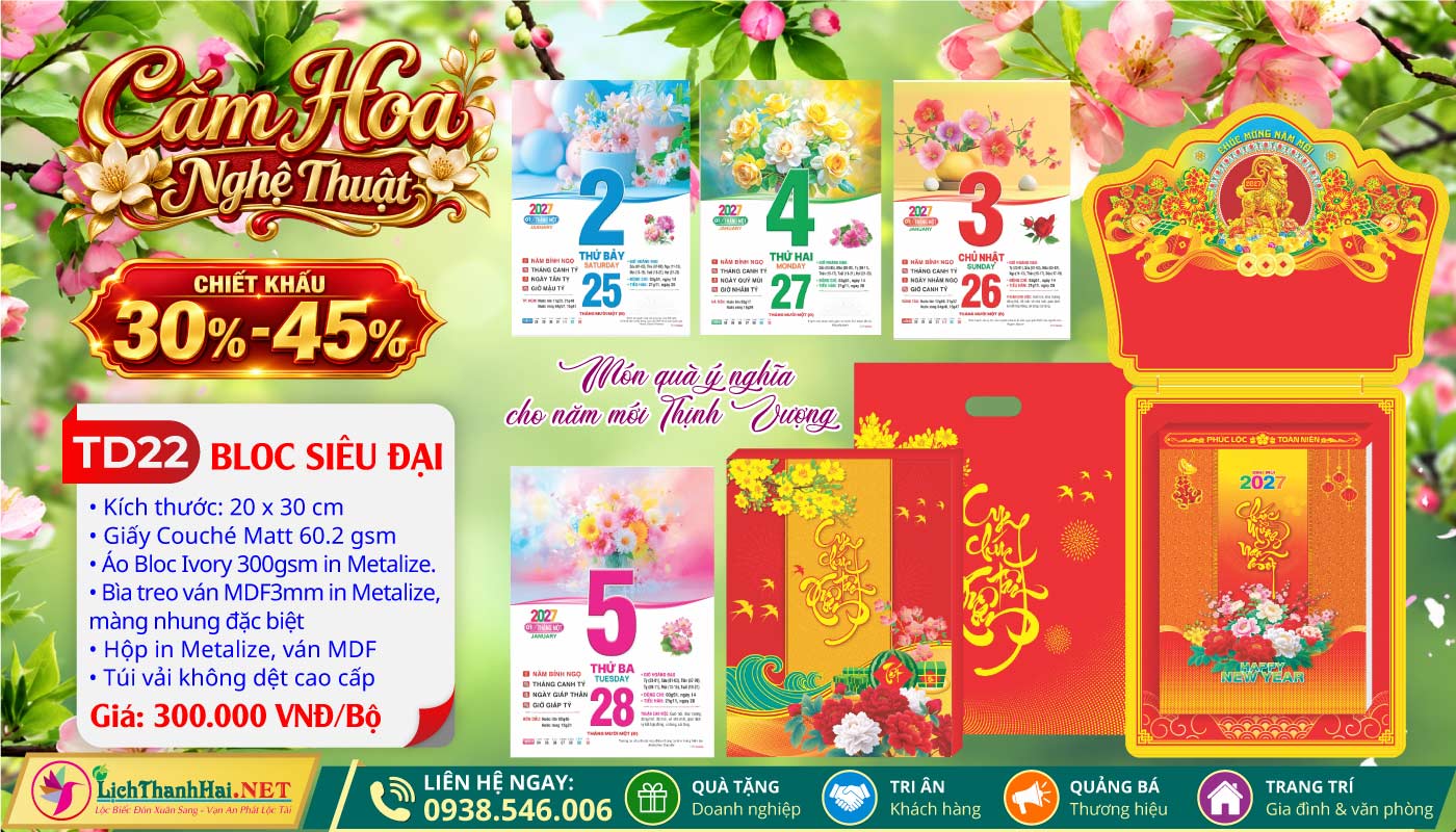 Lịch Bloc Siêu Đại (20x30) Trọn bộ 2027 44 Bloc Siêu Đại (20x30cm) | Mã Số: TD22 - Cắm Hoa Nghệ Thuật (Đầu Treo Dê Vàng)