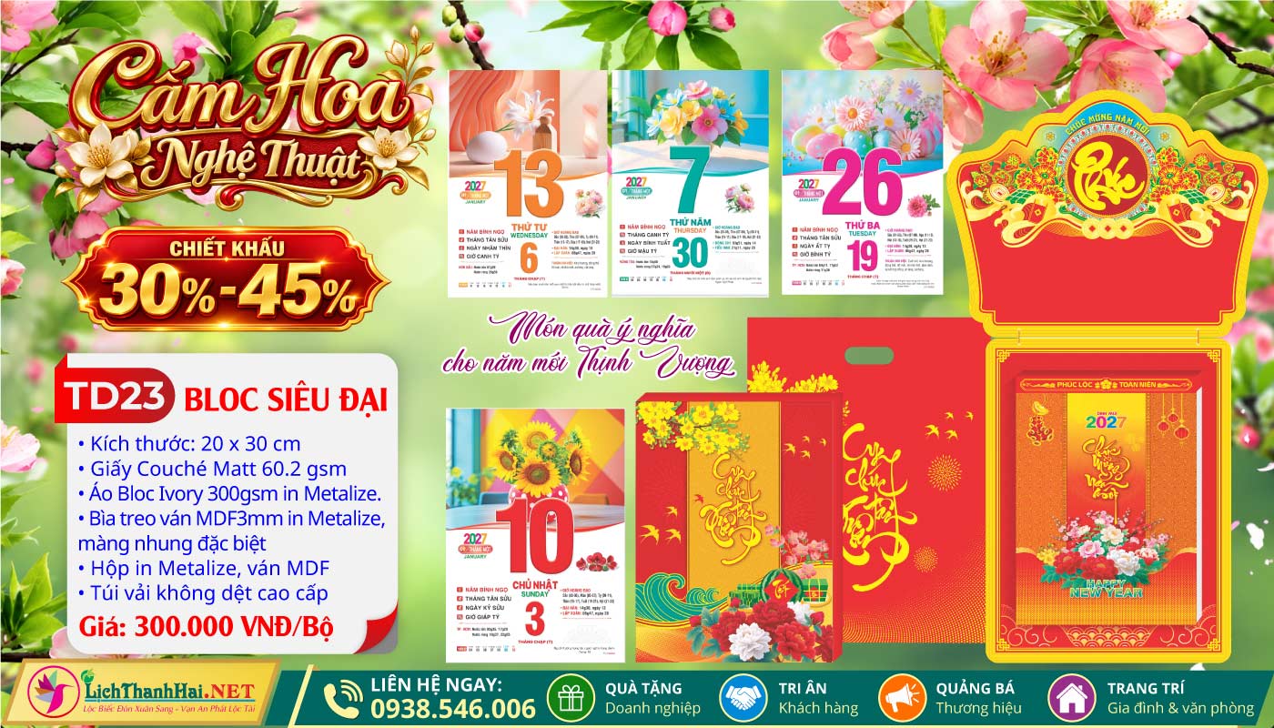 Lịch Bloc Siêu Đại (20x30) Trọn bộ 2027 45 Bloc Siêu Đại (20x30cm) | Mã Số: TD23 - Cắm Hoa Nghệ Thuật (Đầu Treo Chữ Phúc)