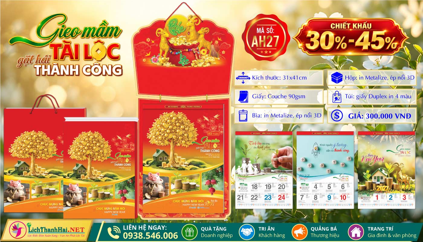 Lịch 52 Tuần (31x41cm) - AH27 - Gieo Mầm Tài Lộc Gặt Hái Thành Công 8 Lịch 52 Tuần | Mã Số: AH27 - Gieo Mầm Tài Lộc Gặt Hái Thành Công