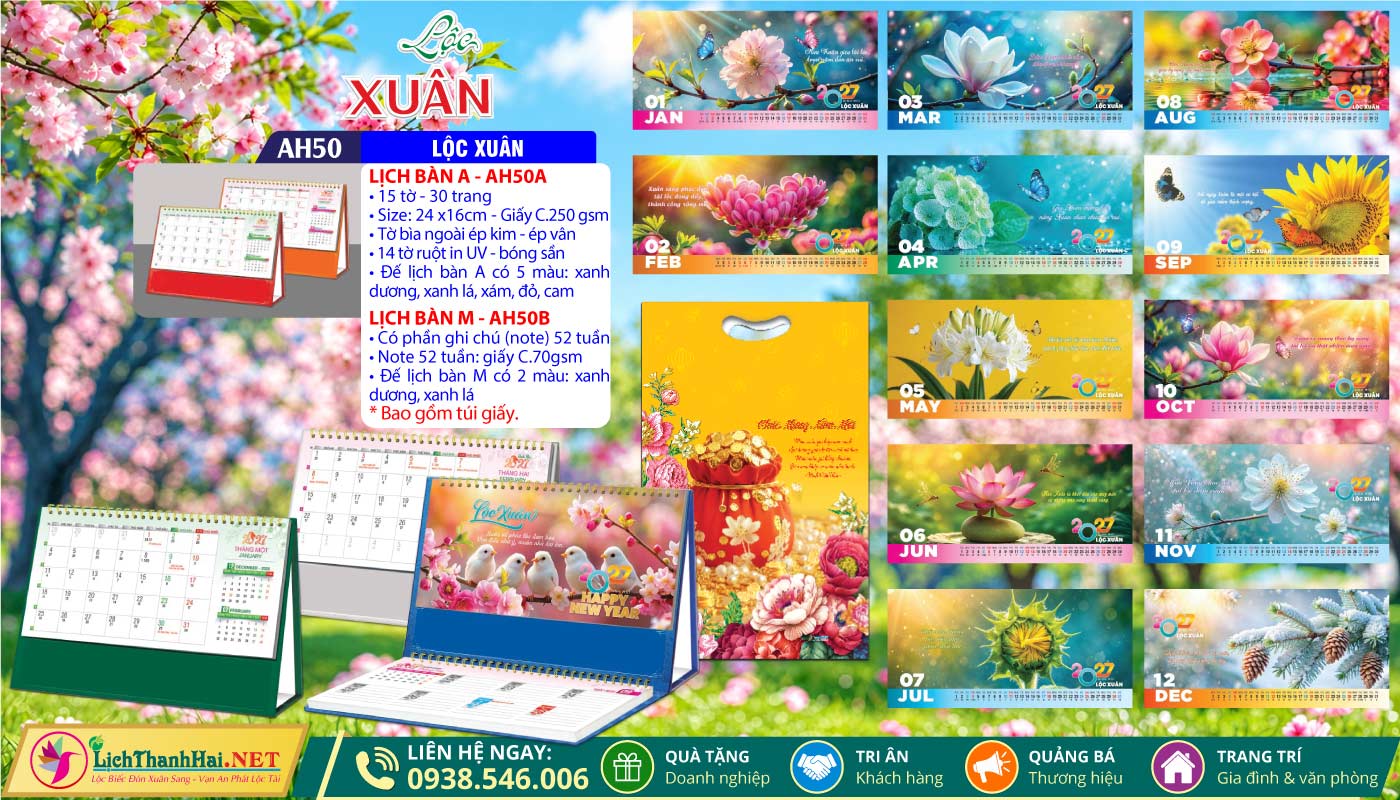 Lịch Để Bàn An Hảo 2027 - Nét Đẹp Bàn Làm Việc 40 Lịch Để Bàn A & M (24x16cm) | Mã Số: AH50 - Lộc Xuân